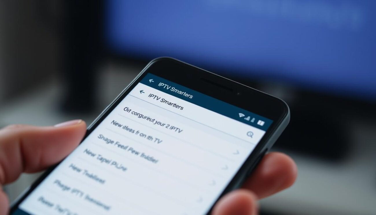 A close-up, high-resolution image of a smartphone screen displaying the IPTV Smarters application interface. The screen shows a clean, minimal design with various menu options and settings for configuring an IPTV service. The device is held in a hand, with fingers visible at the edges, creating a sense of interaction and usability. The background is slightly blurred, maintaining the focus on the smartphone screen. The lighting is soft and diffused, creating a calm, professional atmosphere. The overall impression is of a straightforward, user-friendly IPTV setup process on a modern Android device. A close-up, high-resolution image of a smartphone screen displaying the IPTV Smarters application interface. The screen shows a clean, minimal design with various menu options and settings for configuring an IPTV service. The device is held in a hand, with fingers visible at the edges, creating a sense of interaction and usability. The background is slightly blurred, maintaining the focus on the smartphone screen. The lighting is soft and diffused, creating a calm, professional atmosphere. The overall impression is of a straightforward, user-friendly IPTV setup process on a modern Android device.