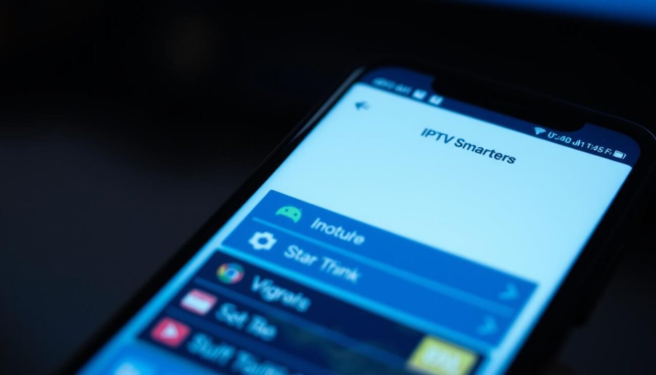 A close-up shot of a smartphone screen displaying the IPTV Smarters Android app interface. The screen is well-lit, with a soft, diffused lighting that highlights the app's UI elements. The background is slightly blurred, creating a sense of depth and focus on the smartphone. The app's main menu is visible, showcasing its intuitive layout and user-friendly design. The overall tone is clean, modern, and inviting, reflecting the streamlined experience of installing and using the IPTV Smarters app on an Android device. A close-up shot of a smartphone screen displaying the IPTV Smarters Android app interface. The screen is well-lit, with a soft, diffused lighting that highlights the app's UI elements. The background is slightly blurred, creating a sense of depth and focus on the smartphone. The app's main menu is visible, showcasing its intuitive layout and user-friendly design. The overall tone is clean, modern, and inviting, reflecting the streamlined experience of installing and using the IPTV Smarters app on an Android device.