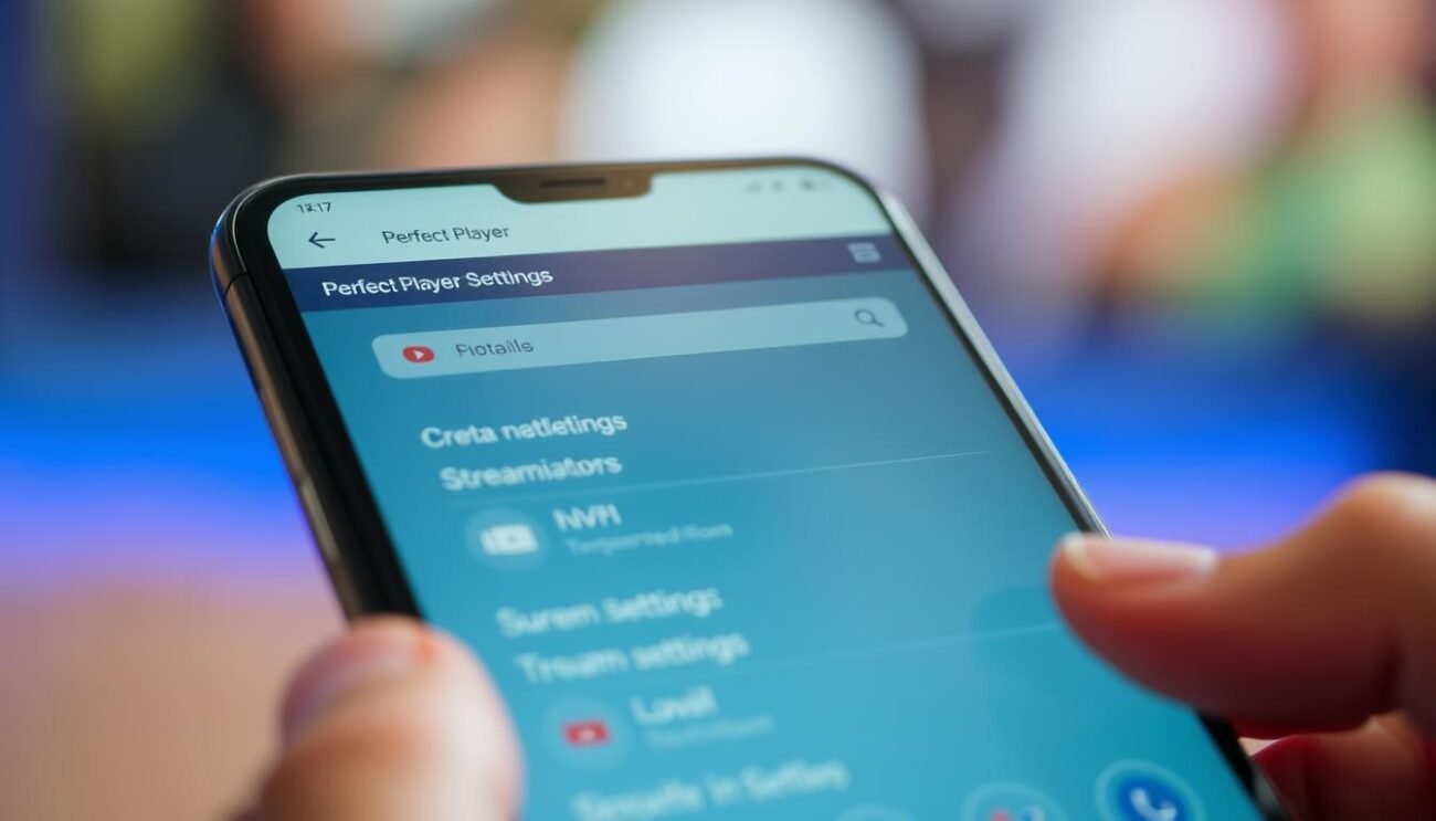 A close-up shot of a smartphone screen displaying the Perfect Player interface, showcasing its key features and functionalities. The screen is well-lit, with a clean and modern design, highlighting the intuitive navigation, customizable settings, and a diverse range of streaming options. The background is blurred, creating a sense of depth and focus on the application. The overall impression conveys the versatility and user-friendliness of the Perfect Player, making it an attractive choice for a seamless IPTV experience on Android devices. A close-up shot of a smartphone screen displaying the Perfect Player interface, showcasing its key features and functionalities. The screen is well-lit, with a clean and modern design, highlighting the intuitive navigation, customizable settings, and a diverse range of streaming options. The background is blurred, creating a sense of depth and focus on the application. The overall impression conveys the versatility and user-friendliness of the Perfect Player, making it an attractive choice for a seamless IPTV experience on Android devices.