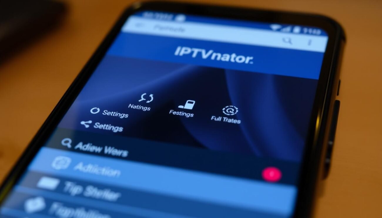 A close-up shot of an Android smartphone screen displaying the IPTVnator app interface. The foreground showcases the app's main menu with various options and settings. The middle ground features a clean and modern user interface design with minimalist icons and sleek typography. The background is blurred, creating a depth of field effect and drawing the viewer's attention to the app's functionality. The lighting is soft and diffused, creating a warm and inviting atmosphere. The camera angle is slightly tilted, adding a dynamic and engaging perspective to the image. A close-up shot of an Android smartphone screen displaying the IPTVnator app interface. The foreground showcases the app's main menu with various options and settings. The middle ground features a clean and modern user interface design with minimalist icons and sleek typography. The background is blurred, creating a depth of field effect and drawing the viewer's attention to the app's functionality. The lighting is soft and diffused, creating a warm and inviting atmosphere. The camera angle is slightly tilted, adding a dynamic and engaging perspective to the image.