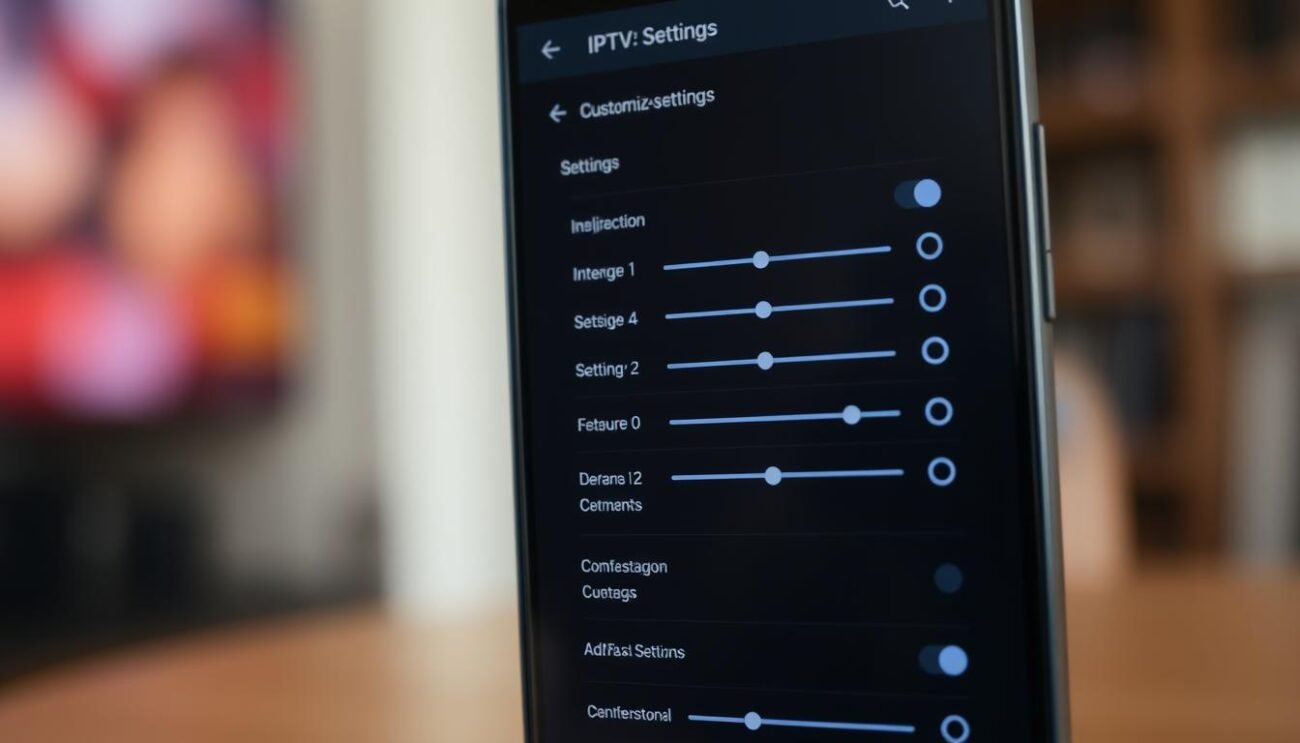 A close-up shot of an Android smartphone screen displaying the customization settings of the IPTVnator app. The screen is well-lit, with a soft, natural lighting that highlights the app's interface. The layout is clean and organized, with various configuration options and sliders neatly arranged. The background is blurred, creating a shallow depth of field that draws the viewer's attention to the foreground. The overall mood is professional and intuitive, reflecting the app's user-friendly design and the user's ability to tailor the settings to their preferences. A close-up shot of an Android smartphone screen displaying the customization settings of the IPTVnator app. The screen is well-lit, with a soft, natural lighting that highlights the app's interface. The layout is clean and organized, with various configuration options and sliders neatly arranged. The background is blurred, creating a shallow depth of field that draws the viewer's attention to the foreground. The overall mood is professional and intuitive, reflecting the app's user-friendly design and the user's ability to tailor the settings to their preferences.