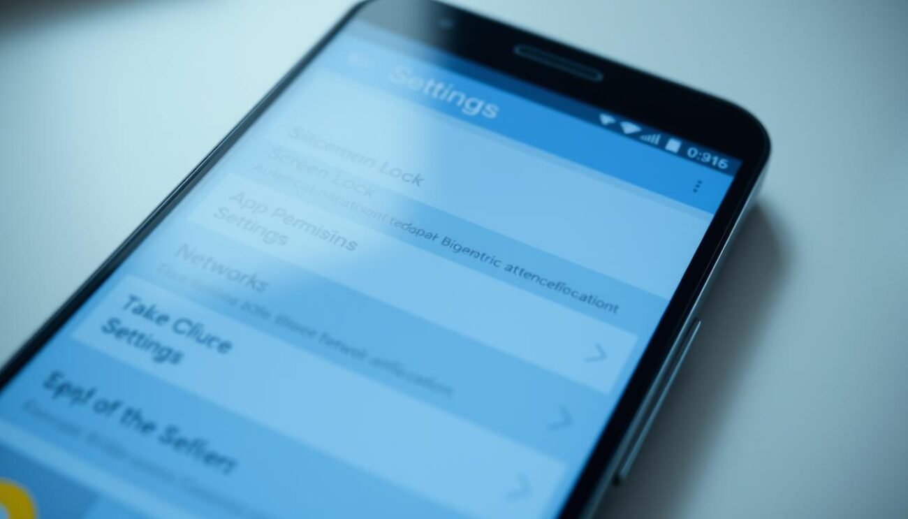 A close-up view of an Android smartphone screen displaying the security settings menu. The interface features various options such as screen lock, biometric authentication, app permissions, and network settings, all presented in a clean, modern design. The screen is well-lit, with a soft, diffused lighting that highlights the details of the interface. The background is blurred, creating a focus on the smartphone screen and the security configuration options. The overall mood is one of professionalism and attention to detail, reflecting the importance of proper device security. A close-up view of an Android smartphone screen displaying the security settings menu. The interface features various options such as screen lock, biometric authentication, app permissions, and network settings, all presented in a clean, modern design. The screen is well-lit, with a soft, diffused lighting that highlights the details of the interface. The background is blurred, creating a focus on the smartphone screen and the security configuration options. The overall mood is one of professionalism and attention to detail, reflecting the importance of proper device security.