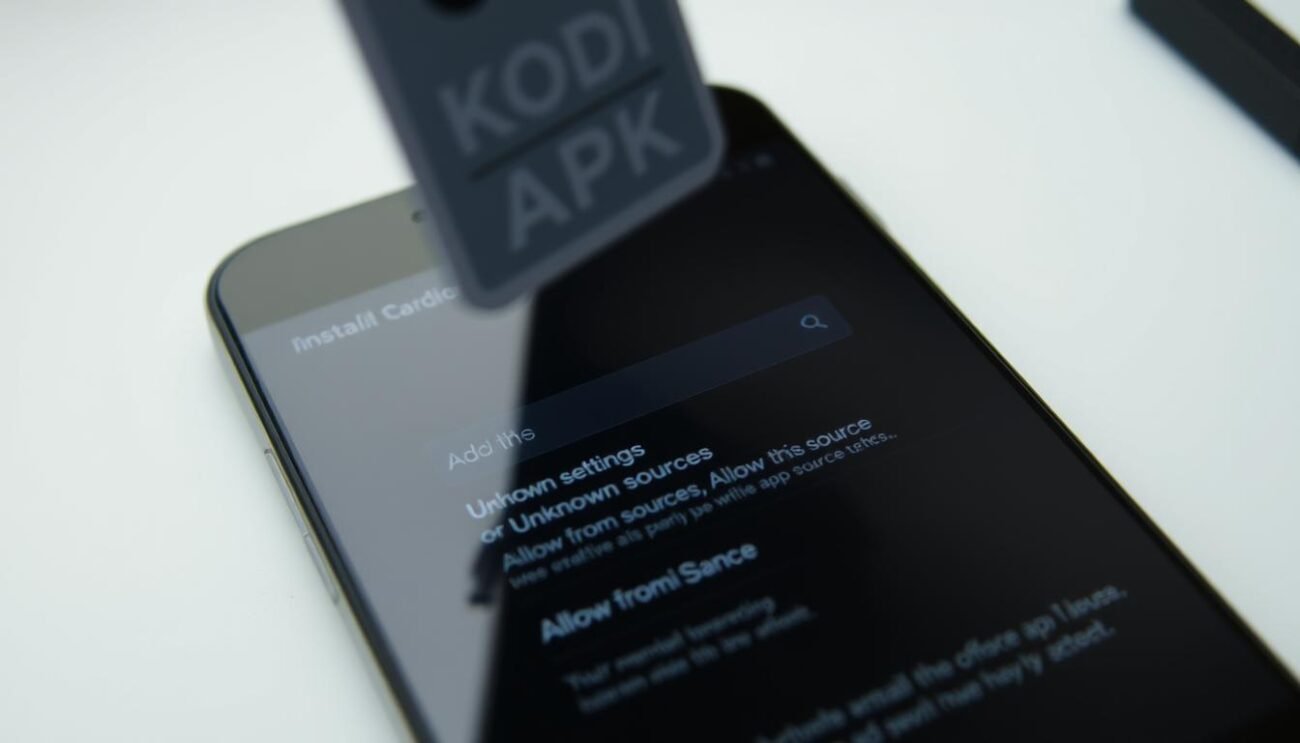 A detailed close-up view of an Android smartphone screen displaying the Kodi app installation process. The foreground shows the Kodi APK file being dragged and dropped onto the device, with a focus on the file name, version, and installation instructions. The middle ground features the Android system settings menu, highlighting the "Unknown sources" and "Allow from this source" options being enabled to permit manual app installation. The background showcases a clean, minimalist material design interface with subtle device frame elements, creating a professional, task-oriented atmosphere. A detailed close-up view of an Android smartphone screen displaying the Kodi app installation process. The foreground shows the Kodi APK file being dragged and dropped onto the device, with a focus on the file name, version, and installation instructions. The middle ground features the Android system settings menu, highlighting the "Unknown sources" and "Allow from this source" options being enabled to permit manual app installation. The background showcases a clean, minimalist material design interface with subtle device frame elements, creating a professional, task-oriented atmosphere.