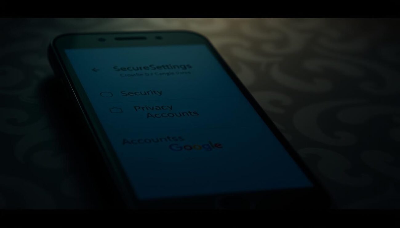 A dimly lit android smartphone screen displaying the device's security settings menu. The foreground shows the menu options including "Security", "Privacy", "Accounts", and "Google". The middle ground features the android navigation bar at the bottom. The background has a blurred wallpaper pattern with muted tones, creating a subtle and focused atmosphere. The lighting is soft and natural, highlighting the screen's details without harsh shadows. The camera angle is slightly angled, giving a sense of depth and emphasizing the smartphone's form factor. A dimly lit android smartphone screen displaying the device's security settings menu. The foreground shows the menu options including "Security", "Privacy", "Accounts", and "Google". The middle ground features the android navigation bar at the bottom. The background has a blurred wallpaper pattern with muted tones, creating a subtle and focused atmosphere. The lighting is soft and natural, highlighting the screen's details without harsh shadows. The camera angle is slightly angled, giving a sense of depth and emphasizing the smartphone's form factor.