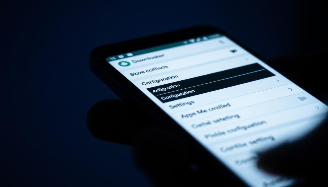 A dimly lit, close-up view of a smartphone screen displaying the configuration menu of the Downloader app. The screen shows various settings and options, with a clean and intuitive user interface. The app's icon is prominently displayed in the top-left corner, conveying the app's purpose. The scene is illuminated by soft, directional lighting, creating a warm and focused atmosphere. The smartphone is held at a slight angle, capturing the screen in a natural and visually appealing way. The background is slightly blurred, keeping the viewer's attention on the app's configuration details. A dimly lit, close-up view of a smartphone screen displaying the configuration menu of the Downloader app. The screen shows various settings and options, with a clean and intuitive user interface. The app's icon is prominently displayed in the top-left corner, conveying the app's purpose. The scene is illuminated by soft, directional lighting, creating a warm and focused atmosphere. The smartphone is held at a slight angle, capturing the screen in a natural and visually appealing way. The background is slightly blurred, keeping the viewer's attention on the app's configuration details.