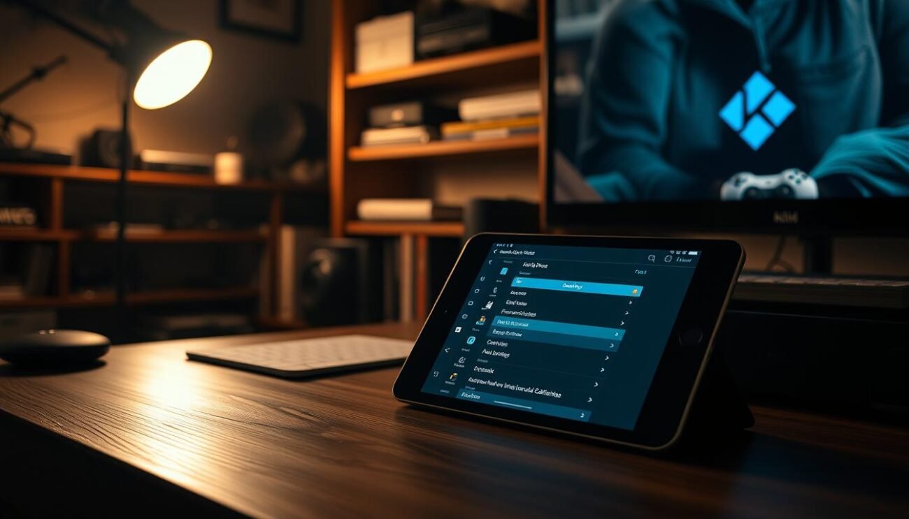 A dimly lit, cozy workspace with an iPhone or iPad prominently displayed on a wooden desk. The device's screen shows the Kodi app interface, with various menu options and settings visible. In the background, shelves filled with tech accessories and reference materials create a sense of a dedicated media setup. Soft, warm lighting illuminates the scene, casting a soothing glow and hinting at the user's focused preparation for the Kodi installation process. The overall atmosphere conveys a sense of thoughtful, meticulous preparation for the task at hand. A dimly lit, cozy workspace with an iPhone or iPad prominently displayed on a wooden desk. The device's screen shows the Kodi app interface, with various menu options and settings visible. In the background, shelves filled with tech accessories and reference materials create a sense of a dedicated media setup. Soft, warm lighting illuminates the scene, casting a soothing glow and hinting at the user's focused preparation for the Kodi installation process. The overall atmosphere conveys a sense of thoughtful, meticulous preparation for the task at hand.