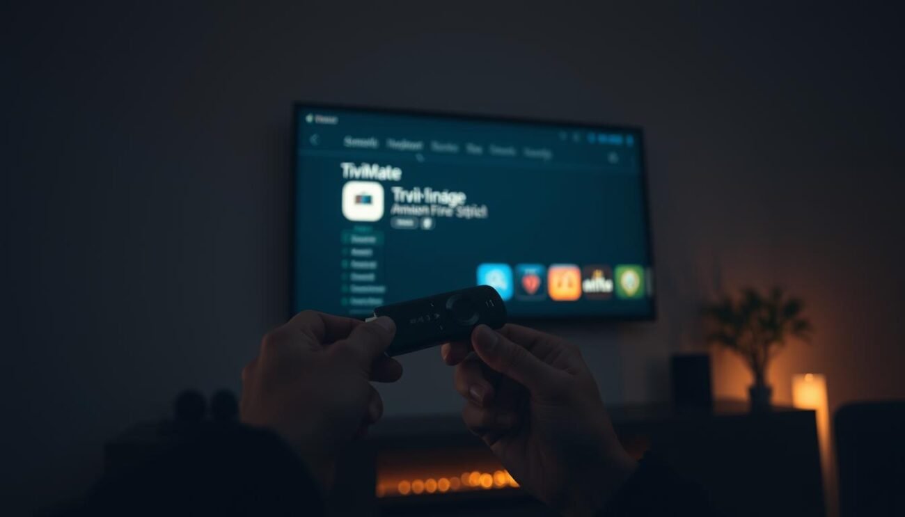 A dimly lit home entertainment setup, with a modern flat-screen TV mounted on the wall. In the foreground, a sleek Amazon FireStick device is being carefully plugged into the HDMI port, its minimalist design blending seamlessly with the surroundings. The room is bathed in a warm, cozy glow, creating an inviting atmosphere for the installation process. The focus is on the hands of the user, meticulously following each step, as they navigate the on-screen interface to install the TiviMate application. The scene conveys a sense of task-oriented concentration, with the goal of seamlessly integrating the streaming software into the FireStick setup. A dimly lit home entertainment setup, with a modern flat-screen TV mounted on the wall. In the foreground, a sleek Amazon FireStick device is being carefully plugged into the HDMI port, its minimalist design blending seamlessly with the surroundings. The room is bathed in a warm, cozy glow, creating an inviting atmosphere for the installation process. The focus is on the hands of the user, meticulously following each step, as they navigate the on-screen interface to install the TiviMate application. The scene conveys a sense of task-oriented concentration, with the goal of seamlessly integrating the streaming software into the FireStick setup.