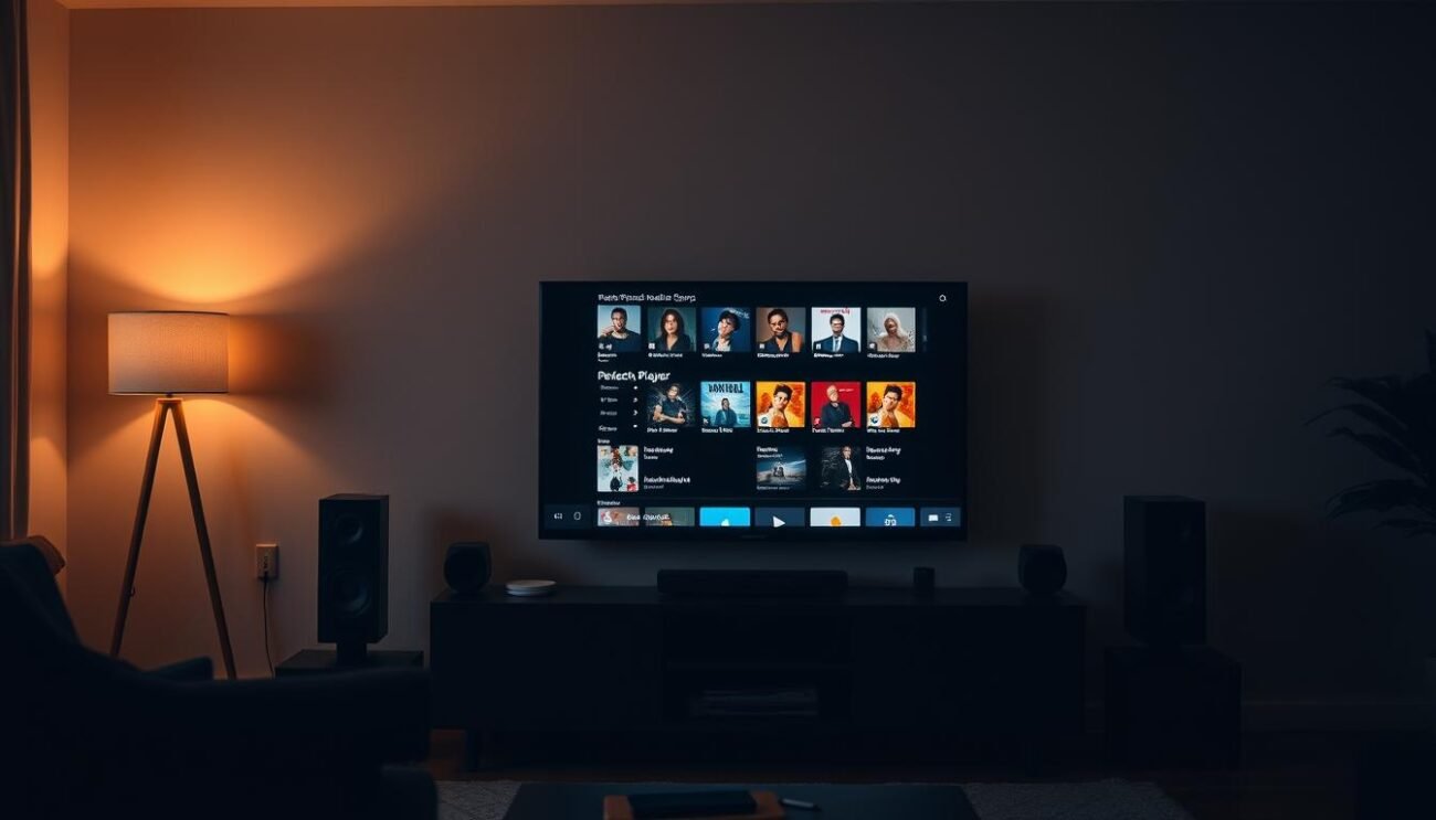 A dimly lit living room with a modern entertainment center, featuring a sleek, black Perfect Player interface displayed on a flat-screen TV. The screen showcases a well-organized playlist, with album art, song titles, and artist names arranged in a clean, minimalist design. Soft, warm lighting creates a cozy atmosphere, and the room is filled with subtle shadows that add depth and dimension to the scene. The overall composition emphasizes the intuitive and visually appealing nature of the Perfect Player software, making it an inviting and user-friendly experience for the viewer. A dimly lit living room with a modern entertainment center, featuring a sleek, black Perfect Player interface displayed on a flat-screen TV. The screen showcases a well-organized playlist, with album art, song titles, and artist names arranged in a clean, minimalist design. Soft, warm lighting creates a cozy atmosphere, and the room is filled with subtle shadows that add depth and dimension to the scene. The overall composition emphasizes the intuitive and visually appealing nature of the Perfect Player software, making it an inviting and user-friendly experience for the viewer.