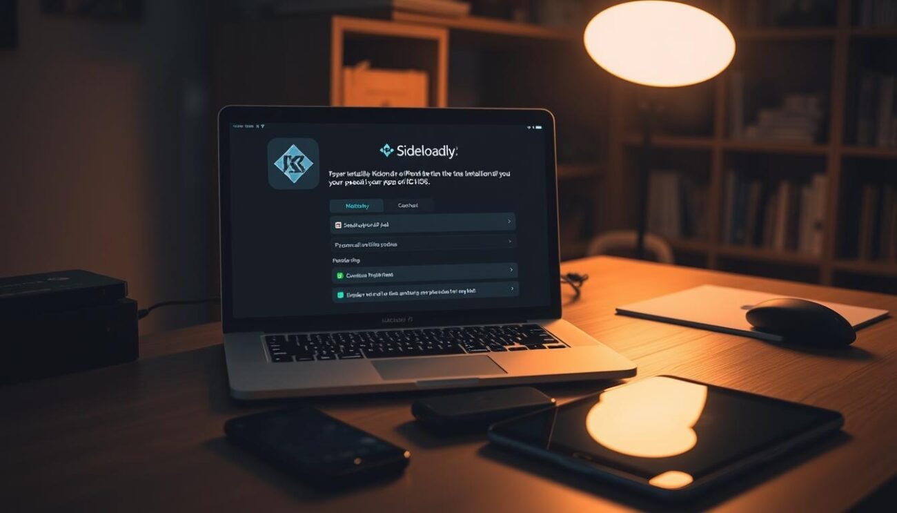 A dimly lit workspace with a MacBook Pro laptop on a wooden desk. On the screen, the Sideloadly app is open, guiding the user through the process of installing Kodi on an iPhone or iPad. The workspace is illuminated by a soft, warm light, creating a cozy and focused atmosphere. In the foreground, various Apple devices, such as an iPhone and iPad, are neatly arranged, ready for the installation process. The background features shelves with tech accessories and books, suggesting a professional and knowledgeable environment. The overall scene conveys a sense of expertise and attention to detail in the process of installing Kodi on iOS devices. A dimly lit workspace with a MacBook Pro laptop on a wooden desk. On the screen, the Sideloadly app is open, guiding the user through the process of installing Kodi on an iPhone or iPad. The workspace is illuminated by a soft, warm light, creating a cozy and focused atmosphere. In the foreground, various Apple devices, such as an iPhone and iPad, are neatly arranged, ready for the installation process. The background features shelves with tech accessories and books, suggesting a professional and knowledgeable environment. The overall scene conveys a sense of expertise and attention to detail in the process of installing Kodi on iOS devices.