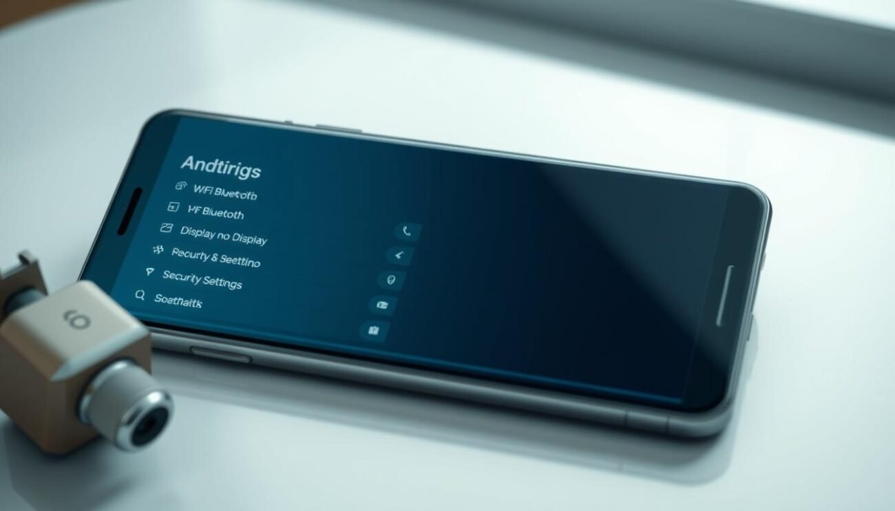 A highly detailed, realistic, and well-lit digital illustration showcasing the Android device settings interface. In the foreground, a large, high-resolution mobile phone display shows the Android settings menu, with various options and toggles clearly visible, such as Wi-Fi, Bluetooth, display, and security settings. The middle ground features the phone itself, rendered with a premium metallic and glass design, resting on a clean, minimalist surface. The background depicts a soft, blurred environment, providing a sense of depth and focus on the device. The overall tone is professional, elegant, and technically accurate, perfectly suited to illustrate the "Preparação do Dispositivo Android e Configurações Iniciais" section of the article. A highly detailed, realistic, and well-lit digital illustration showcasing the Android device settings interface. In the foreground, a large, high-resolution mobile phone display shows the Android settings menu, with various options and toggles clearly visible, such as Wi-Fi, Bluetooth, display, and security settings. The middle ground features the phone itself, rendered with a premium metallic and glass design, resting on a clean, minimalist surface. The background depicts a soft, blurred environment, providing a sense of depth and focus on the device. The overall tone is professional, elegant, and technically accurate, perfectly suited to illustrate the "Preparação do Dispositivo Android e Configurações Iniciais" section of the article.