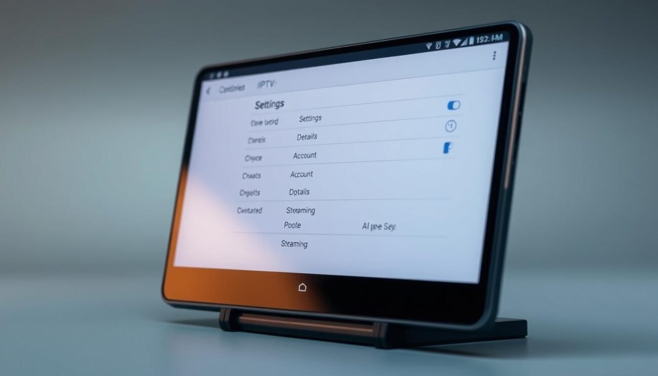 A sleek, minimalist Android device display showcasing the settings menu for IPTV configuration. The screen is well-lit, with a soft, warm lighting that creates a professional, technical atmosphere. The settings menu is prominently featured, with clear, easy-to-navigate options for IPTV setup. The layout is clean and uncluttered, highlighting the key configuration parameters like server settings, account details, and streaming options. The device is angled slightly, creating depth and emphasizing the screen's central focus. The background is a neutral, gray tone, allowing the Android UI to be the star of the image. A sleek, minimalist Android device display showcasing the settings menu for IPTV configuration. The screen is well-lit, with a soft, warm lighting that creates a professional, technical atmosphere. The settings menu is prominently featured, with clear, easy-to-navigate options for IPTV setup. The layout is clean and uncluttered, highlighting the key configuration parameters like server settings, account details, and streaming options. The device is angled slightly, creating depth and emphasizing the screen's central focus. The background is a neutral, gray tone, allowing the Android UI to be the star of the image.
