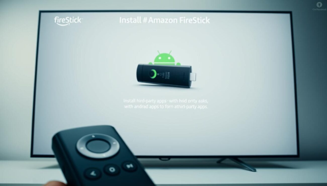 A sleek, minimalist configuration screen for the Amazon FireStick device, showcasing the intuitive setup process for installing third-party apps. The foreground displays the FireStick remote control and a stylized Android logo, hinting at the compatibility with the Android operating system. The middle ground features the FireStick device itself, prominently displayed against a clean, neutral background. The background subtly suggests a modern, tech-savvy environment, with soft lighting and a sense of simplicity and focus. The overall tone is one of efficiency, accessibility, and the seamless integration of the FireStick with the broader Android ecosystem. A sleek, minimalist configuration screen for the Amazon FireStick device, showcasing the intuitive setup process for installing third-party apps. The foreground displays the FireStick remote control and a stylized Android logo, hinting at the compatibility with the Android operating system. The middle ground features the FireStick device itself, prominently displayed against a clean, neutral background. The background subtly suggests a modern, tech-savvy environment, with soft lighting and a sense of simplicity and focus. The overall tone is one of efficiency, accessibility, and the seamless integration of the FireStick with the broader Android ecosystem.