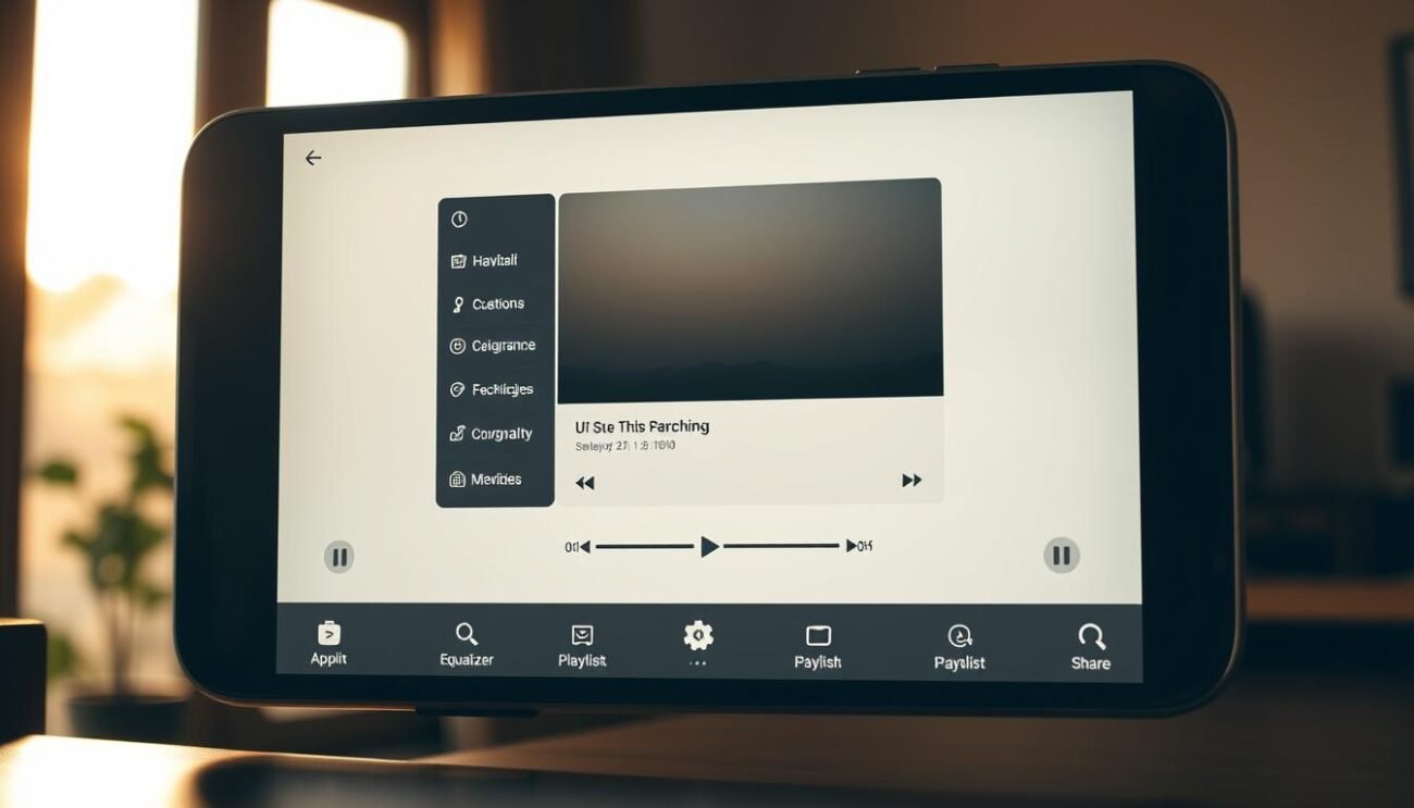 A sleek, modern Android media player interface showcasing its advanced functionalities. The screen is divided into distinct sections - a central video player with intuitive playback controls, a sidebar menu with customizable options, and a bottom toolbar with equalizer, playlist, and sharing tools. The layout is clean and minimalist, with subtle gradients and soft shadows adding depth. Warm, natural lighting from a large window creates a cozy, inviting atmosphere, while strategic camera angles highlight the device's premium design and elegant UI. The overall impression is one of a powerful, yet user-friendly media experience tailored for the Android platform. A sleek, modern Android media player interface showcasing its advanced functionalities. The screen is divided into distinct sections - a central video player with intuitive playback controls, a sidebar menu with customizable options, and a bottom toolbar with equalizer, playlist, and sharing tools. The layout is clean and minimalist, with subtle gradients and soft shadows adding depth. Warm, natural lighting from a large window creates a cozy, inviting atmosphere, while strategic camera angles highlight the device's premium design and elegant UI. The overall impression is one of a powerful, yet user-friendly media experience tailored for the Android platform.