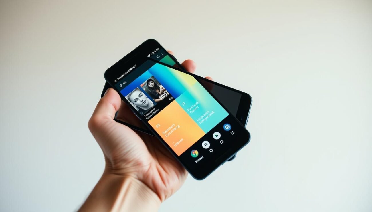 A sleek, modern Android smartphone screen displaying the OttPlayer app interface. The device is held in a hand against a minimalist, light-colored background. The app's elegant UI features bold, vibrant colors and intuitive controls, hinting at its powerful media playback capabilities. The lighting is soft and diffused, creating a clean, sophisticated atmosphere. The camera angle captures the screen at a slight diagonal, showcasing the app's layout and functionality in an visually appealing way. A sleek, modern Android smartphone screen displaying the OttPlayer app interface. The device is held in a hand against a minimalist, light-colored background. The app's elegant UI features bold, vibrant colors and intuitive controls, hinting at its powerful media playback capabilities. The lighting is soft and diffused, creating a clean, sophisticated atmosphere. The camera angle captures the screen at a slight diagonal, showcasing the app's layout and functionality in an visually appealing way.
