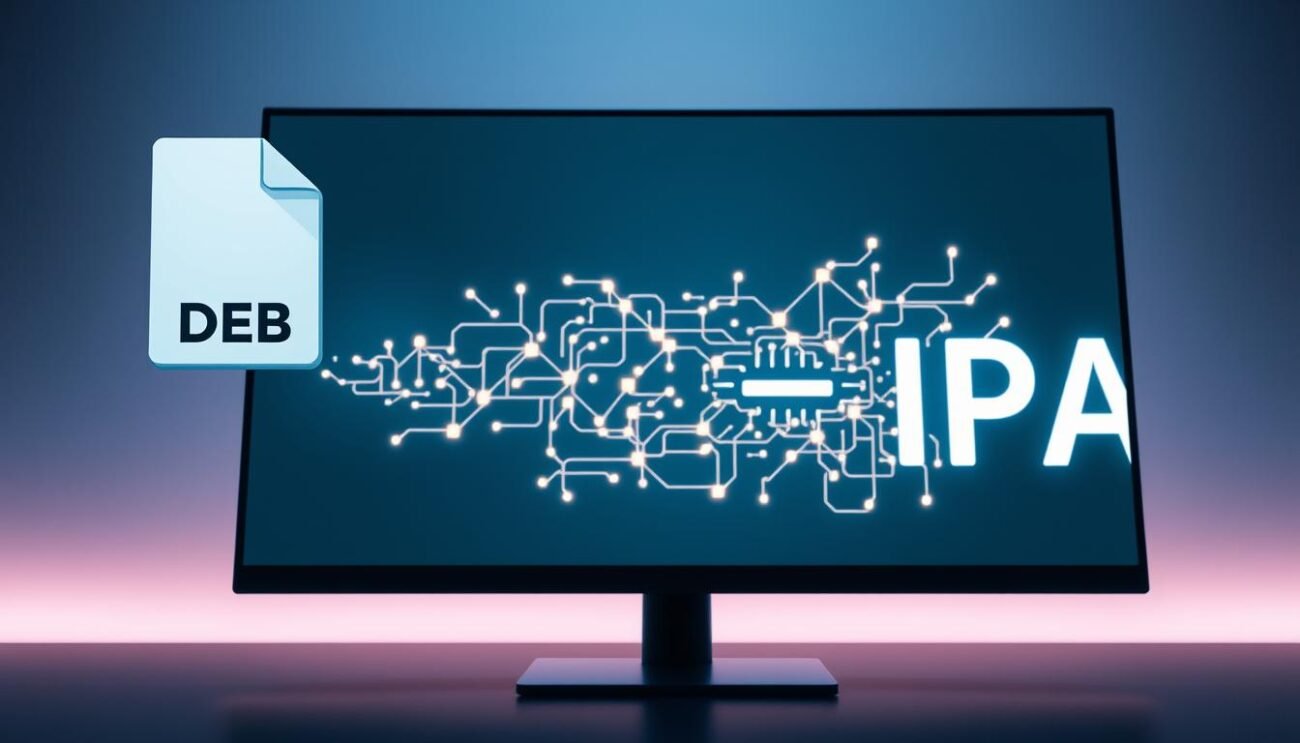 A sleek, modern computer monitor displays a visually engaging conversion process between DEB and IPA file formats. In the foreground, a stylized 3D icon representing a DEB file hovers, casting a subtle shadow. In the middle ground, a dynamic array of glowing, interconnected lines and shapes symbolize the complex algorithmic transformation, illuminated by a soft, diffused light. The background features a minimalist, gradient-based backdrop, creating a sense of depth and sophistication. The overall composition conveys the technical expertise and seamless integration required to successfully convert between these two software package formats. A sleek, modern computer monitor displays a visually engaging conversion process between DEB and IPA file formats. In the foreground, a stylized 3D icon representing a DEB file hovers, casting a subtle shadow. In the middle ground, a dynamic array of glowing, interconnected lines and shapes symbolize the complex algorithmic transformation, illuminated by a soft, diffused light. The background features a minimalist, gradient-based backdrop, creating a sense of depth and sophistication. The overall composition conveys the technical expertise and seamless integration required to successfully convert between these two software package formats.