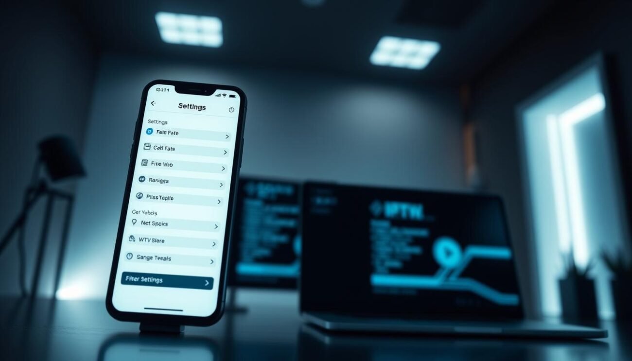 A sleek, modern configuration screen for the Flix IPTV service. In the foreground, a smartphone display shows the account settings interface, with clean typography and intuitive icons. The middle ground features a laptop or desktop computer, hinting at the ability to manage the IPTV account across devices. The background showcases a minimalist, dimly lit interior, with subtle lighting accents to create a professional, tech-savvy atmosphere. The overall scene conveys a sense of control, customization, and seamless integration of the Flix IPTV experience. A sleek, modern configuration screen for the Flix IPTV service. In the foreground, a smartphone display shows the account settings interface, with clean typography and intuitive icons. The middle ground features a laptop or desktop computer, hinting at the ability to manage the IPTV account across devices. The background showcases a minimalist, dimly lit interior, with subtle lighting accents to create a professional, tech-savvy atmosphere. The overall scene conveys a sense of control, customization, and seamless integration of the Flix IPTV experience.
