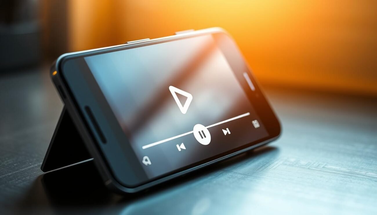 A sleek, modern video player interface displayed on a realistic android smartphone screen. The screen is tilted slightly, creating a dynamic and engaging composition. The video player controls are clearly visible, with a large play/pause button in the center, surrounded by a clean and intuitive layout of other controls such as volume, seek bar, and settings. The screen is backlit with a soft, warm lighting that creates a cozy and inviting atmosphere, perfect for enjoying media content on the go. The smartphone itself is made of high-quality materials, with a premium, minimalist design that complements the sophisticated video player UI. A sleek, modern video player interface displayed on a realistic android smartphone screen. The screen is tilted slightly, creating a dynamic and engaging composition. The video player controls are clearly visible, with a large play/pause button in the center, surrounded by a clean and intuitive layout of other controls such as volume, seek bar, and settings. The screen is backlit with a soft, warm lighting that creates a cozy and inviting atmosphere, perfect for enjoying media content on the go. The smartphone itself is made of high-quality materials, with a premium, minimalist design that complements the sophisticated video player UI.