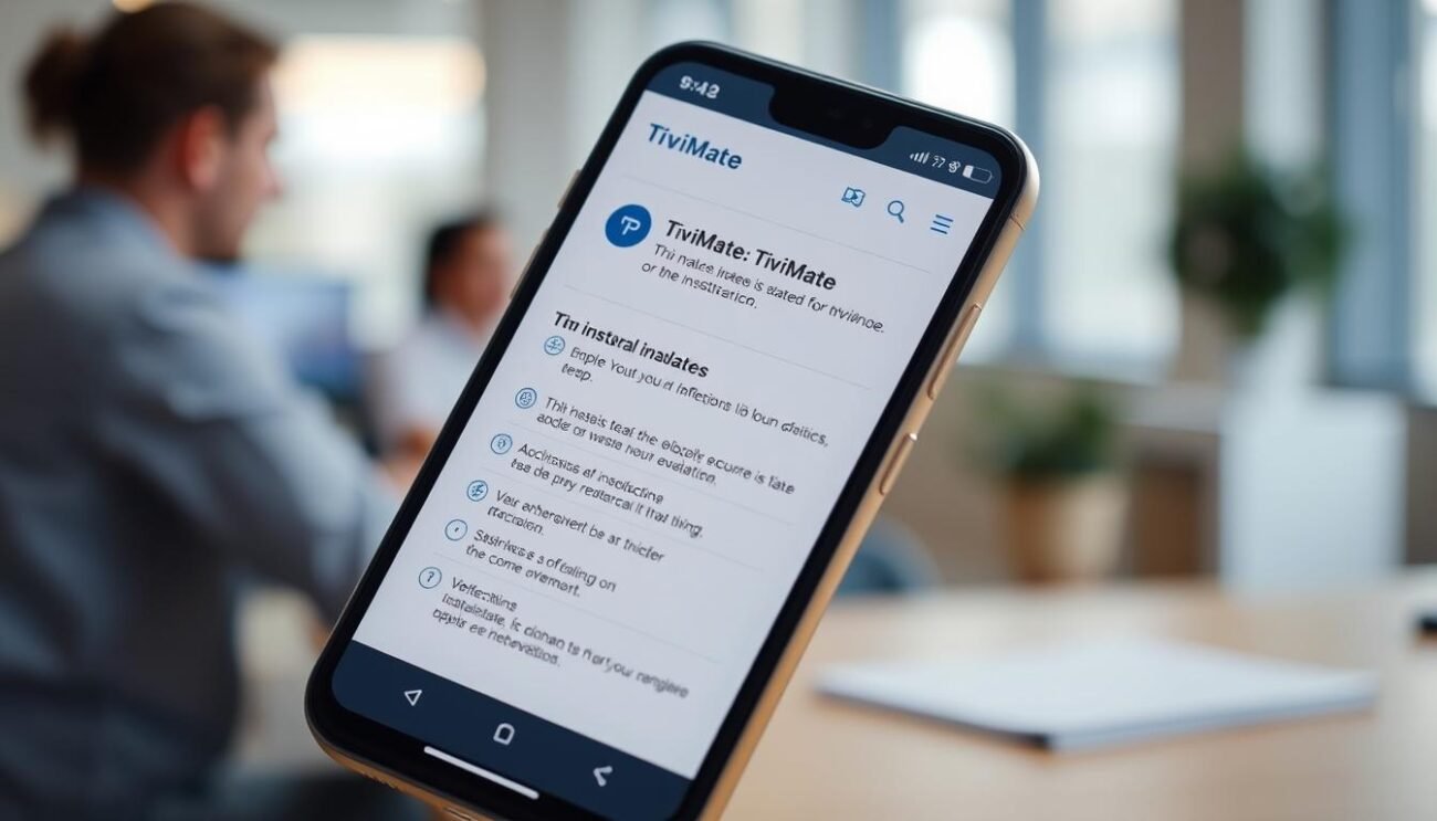 A smartphone screen displaying the TiviMate application's installation process, set against a blurred background of a modern office or home environment. The screen shows step-by-step instructions, icons, and visual cues guiding the user through the installation, with a clean, intuitive layout. The lighting is soft and natural, accentuating the display's clarity. The camera angle is slightly elevated, providing a clear view of the smartphone's screen and creating a sense of accessibility and ease of use. The overall mood is one of simplicity, professionalism, and a helpful, instructional tone, reflecting the "how-to" nature of the article's section. A smartphone screen displaying the TiviMate application's installation process, set against a blurred background of a modern office or home environment. The screen shows step-by-step instructions, icons, and visual cues guiding the user through the installation, with a clean, intuitive layout. The lighting is soft and natural, accentuating the display's clarity. The camera angle is slightly elevated, providing a clear view of the smartphone's screen and creating a sense of accessibility and ease of use. The overall mood is one of simplicity, professionalism, and a helpful, instructional tone, reflecting the "how-to" nature of the article's section.