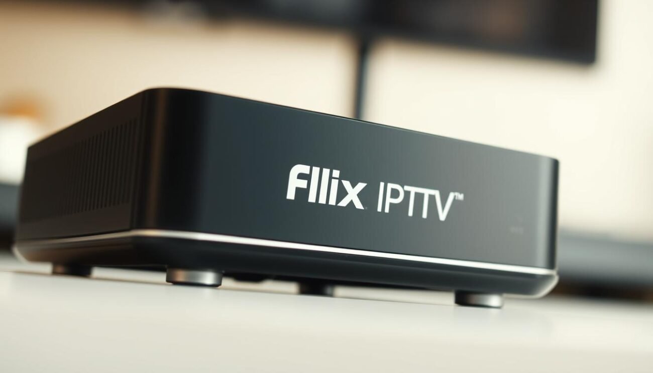 A closeup shot of a modern IPTV streaming device with a sleek black or gray metallic casing, showcasing its premium design. The device's front panel features the distinctive "Flix IPTV" logo prominently displayed, conveying the brand's identity. The device is positioned against a blurred background, allowing the focus to remain on the IPTV hardware and its features. The lighting is soft and diffused, creating a warm and inviting atmosphere, highlighting the device's high-end aesthetic. The camera angle is slightly elevated, providing a slightly birds-eye view to emphasize the device's compact and sophisticated form factor. The overall composition should convey the simplicity, quality, and user-friendly nature of the Flix IPTV system. A closeup shot of a modern IPTV streaming device with a sleek black or gray metallic casing, showcasing its premium design. The device's front panel features the distinctive "Flix IPTV" logo prominently displayed, conveying the brand's identity. The device is positioned against a blurred background, allowing the focus to remain on the IPTV hardware and its features. The lighting is soft and diffused, creating a warm and inviting atmosphere, highlighting the device's high-end aesthetic. The camera angle is slightly elevated, providing a slightly birds-eye view to emphasize the device's compact and sophisticated form factor. The overall composition should convey the simplicity, quality, and user-friendly nature of the Flix IPTV system.