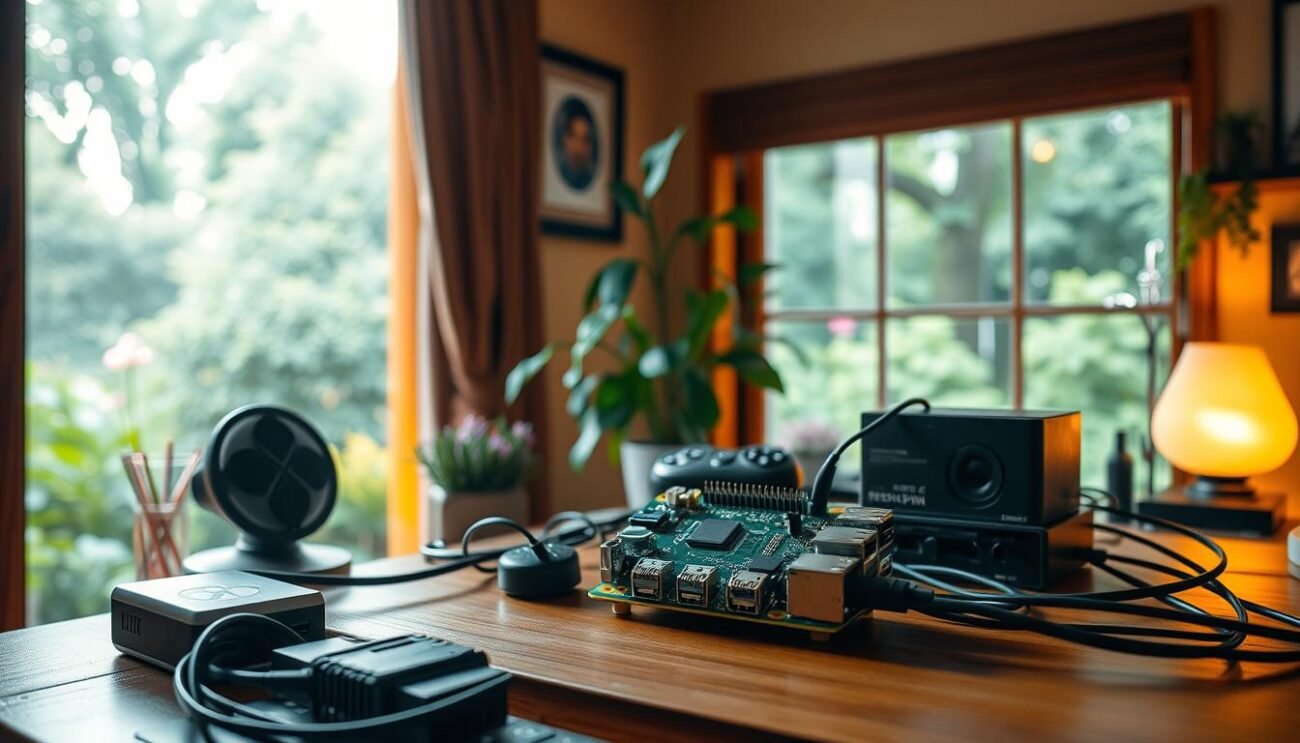 A cozy home office setup with a Raspberry Pi prominently displayed on a wooden desk. The device is surrounded by various electronics and cables, conveying a sense of a functional and technical workspace. The lighting is warm and indirect, creating a inviting atmosphere. In the background, a large window overlooking a lush, verdant garden adds a touch of nature and tranquility. The overall scene suggests the process of setting up Kodi, a popular media center software, on the Raspberry Pi device.