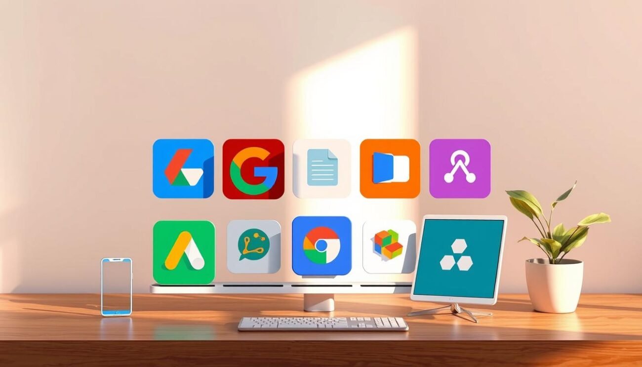 A high-quality, vibrant illustration of the Google Apps suite, displayed prominently against a clean, minimalist background. The apps are neatly arranged, with crisp icons and vibrant colors that immediately grab the viewer's attention. The scene is bathed in warm, natural lighting, creating a sense of sophistication and modernity. The overall composition is well-balanced, with a clear focus on the Google Apps and a subtle, uncluttered backdrop that allows the subject to shine. The image conveys a sense of professionalism and organization, perfectly suited to illustrate the "Ativar Google Apps e preparar o sistema para apps de streaming" section of the article.