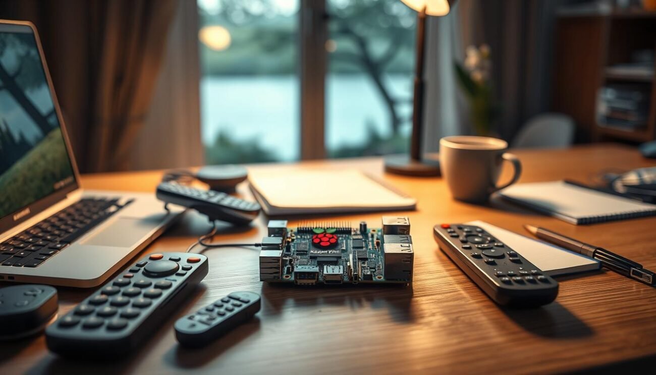 A home office workspace with a Raspberry Pi device prominently displayed on the desk. The device is surrounded by various remote control devices, including a TV remote, smart home controller, and a specialized IPTV remote. The lighting is soft and warm, creating a cozy and inviting atmosphere. The desk is neatly organized, with a laptop, notepad, and a cup of coffee or tea. In the background, there is a window overlooking a peaceful outdoor scene, hinting at the importance of balancing technology and relaxation. The overall impression conveys a sense of security, control, and the seamless integration of technology into the daily life. A home office workspace with a Raspberry Pi device prominently displayed on the desk. The device is surrounded by various remote control devices, including a TV remote, smart home controller, and a specialized IPTV remote. The lighting is soft and warm, creating a cozy and inviting atmosphere. The desk is neatly organized, with a laptop, notepad, and a cup of coffee or tea. In the background, there is a window overlooking a peaceful outdoor scene, hinting at the importance of balancing technology and relaxation. The overall impression conveys a sense of security, control, and the seamless integration of technology into the daily life.
