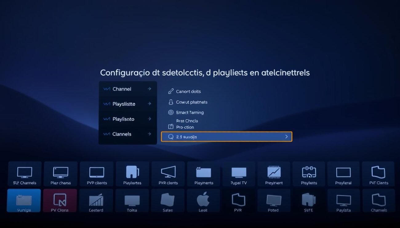 A modern, sleek configuration screen with a clean, minimalist user interface. In the foreground, a grid of channel icons, each with a clear visual identifier and a simple, intuitive layout. The middle ground features a well-organized menu system, allowing the user to easily navigate between different playlists and PVR clients. The background showcases a subtle, abstract gradient in complementary shades, creating a sense of depth and sophistication. The lighting is soft and even, with a gentle glow highlighting the key interface elements. The camera angle is slightly tilted, providing a dynamic perspective that draws the viewer's attention to the central configuration options. The overall mood is one of efficiency, clarity, and technological elegance, reflecting the professional and practical nature of the "Configuração de canais, playlists e clientes PVR" section. A modern, sleek configuration screen with a clean, minimalist user interface. In the foreground, a grid of channel icons, each with a clear visual identifier and a simple, intuitive layout. The middle ground features a well-organized menu system, allowing the user to easily navigate between different playlists and PVR clients. The background showcases a subtle, abstract gradient in complementary shades, creating a sense of depth and sophistication. The lighting is soft and even, with a gentle glow highlighting the key interface elements. The camera angle is slightly tilted, providing a dynamic perspective that draws the viewer's attention to the central configuration options. The overall mood is one of efficiency, clarity, and technological elegance, reflecting the professional and practical nature of the "Configuração de canais, playlists e clientes PVR" section.