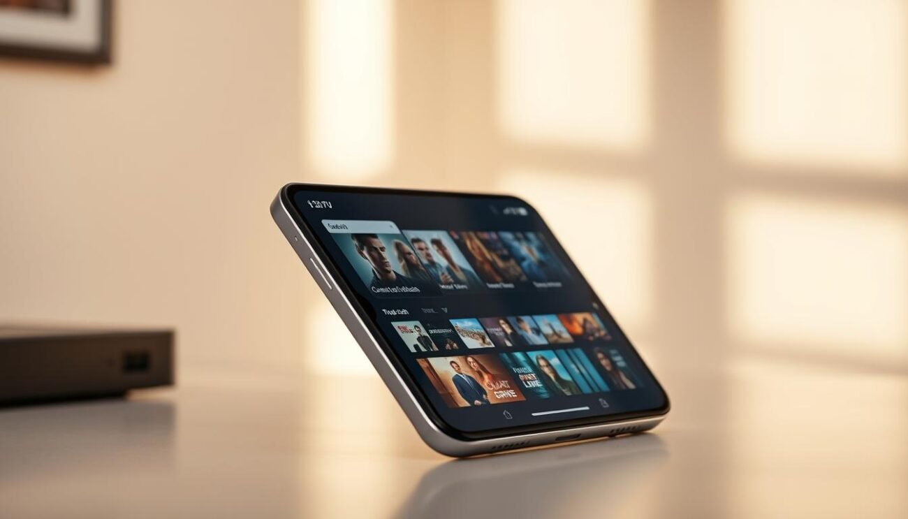 A sleek and modern iPhone or iPad display showcasing the Flix IPTV app's user interface. The device is positioned in a well-lit, minimalist setting, with a soft, warm lighting creating a cozy atmosphere. The app's menu, content selection, and controls are clearly visible, highlighting the intuitive and user-friendly design. The screen displays a range of IPTV channels, emphasizing the app's comprehensive content library. The device is angled to provide a clear, detailed view, captured with a high-quality lens to ensure sharpness and clarity. The overall composition conveys the ease and convenience of installing and using Flix IPTV on iOS devices. A sleek and modern iPhone or iPad display showcasing the Flix IPTV app's user interface. The device is positioned in a well-lit, minimalist setting, with a soft, warm lighting creating a cozy atmosphere. The app's menu, content selection, and controls are clearly visible, highlighting the intuitive and user-friendly design. The screen displays a range of IPTV channels, emphasizing the app's comprehensive content library. The device is angled to provide a clear, detailed view, captured with a high-quality lens to ensure sharpness and clarity. The overall composition conveys the ease and convenience of installing and using Flix IPTV on iOS devices.