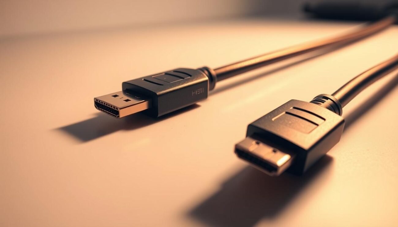 A sleek, modern HDMI cable resting on a clean, minimalist workbench, bathed in warm, directional lighting. The cable's metallic connectors glisten, showcasing its high-quality construction and sturdy design. The background is a soft, neutral tone, allowing the HDMI cable to be the focal point, emphasizing its essential role in connecting devices and facilitating seamless audio and video transmission. The overall composition conveys a sense of simplicity, functionality, and technological sophistication, perfectly complementing the "Configurações essenciais: ecrã, áudio, aceleração e definições" section of the article.