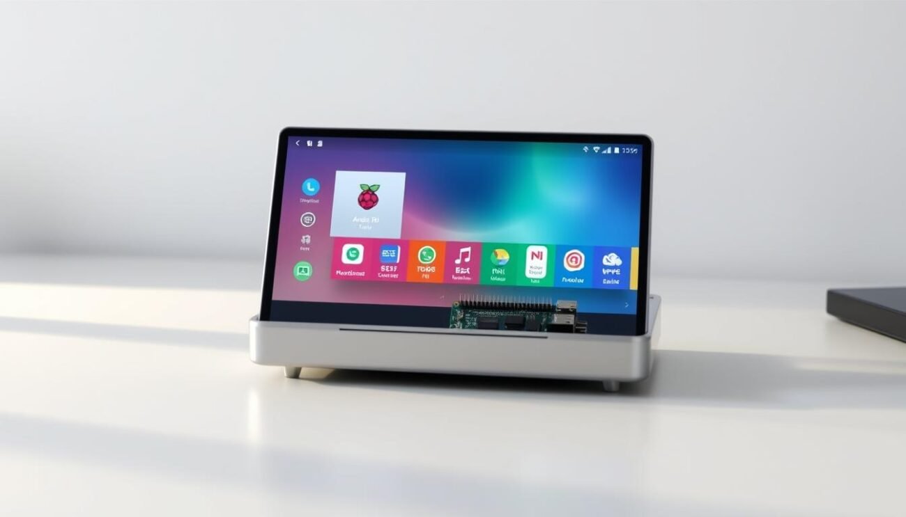 A sleek, modern android device with a Raspberry Pi-inspired design, sitting on a clean, minimalist desk. The android's display shows the Android TV home screen, with crisp, detailed icons and a polished user interface. Soft, directional lighting illuminates the device, creating subtle shadows and highlights that accentuate its metallic finish and clean lines. The scene has a calm, professional atmosphere, conveying the ease of installing and using Android TV on a Raspberry Pi.
