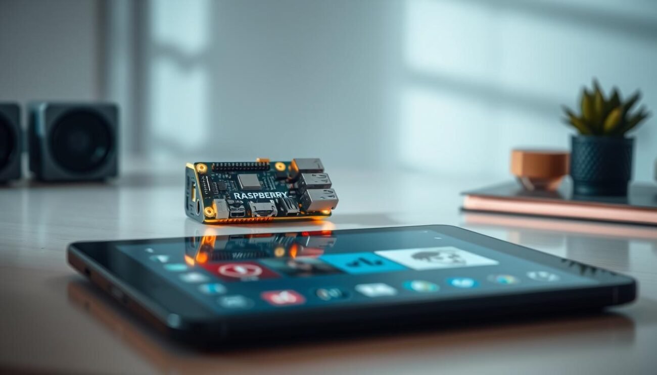 A Raspberry Pi device prominently displayed, its glowing LED lights casting a warm glow on a minimalist, modern workspace. In the foreground, a tablet or smartphone screen shows a sleek IPTV streaming interface, with clear channel icons and an intuitive menu system. The background is softly blurred, emphasizing the focus on the technology at hand. Crisp, natural lighting illuminates the scene, conveying a sense of efficiency and professionalism. The overall atmosphere is one of simplicity, functionality, and the seamless integration of IPTV streaming into a practical, everyday setting.