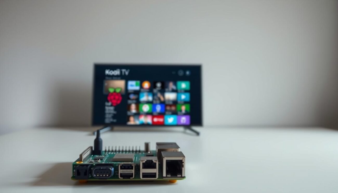 A clean, minimalist image of an IPTV setup on a Raspberry Pi. The foreground features the Raspberry Pi device, with its distinctive form factor and ports clearly visible. The middle ground showcases a simple IPTV interface, perhaps a Kodi or LibreELEC screen, displaying a grid of live TV channels or a program guide. The background has a subtle, blurred gradient, creating a sense of depth and focus on the central elements. The overall lighting is soft and natural, with gentle shadows and highlights accentuating the clean lines and details of the hardware and software. The mood is one of efficiency, functionality, and ease of use, reflecting the practical nature of the IPTV setup on a Raspberry Pi.