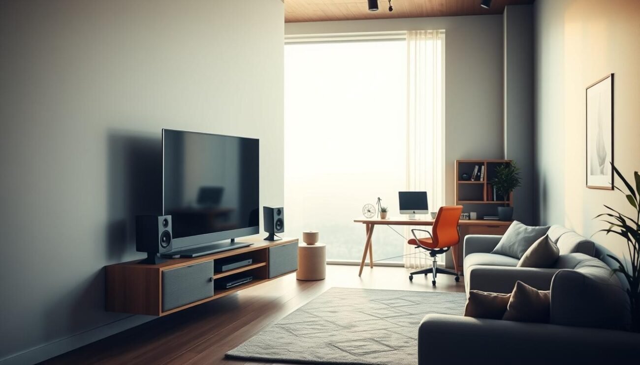 A cozy and minimalist media center setup in a modern home office environment. A sleek, floating TV cabinet with integrated speakers and storage shelves dominates the foreground, its clean lines and neutral tones complementing the room's contemporary aesthetic. The middle ground features a comfortable armchair and a small side table, ideal for lounging and enjoying content. In the background, a large window floods the space with warm, natural light, creating a serene and inviting atmosphere. The overall mood is one of relaxation and productivity, with thoughtful design elements that seamlessly blend technology and comfort.
