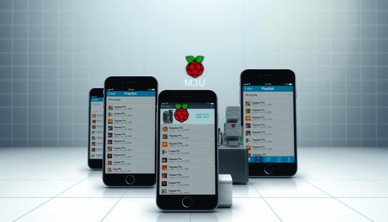 A detailed digital illustration depicting playlists used for media streaming. In the foreground, several mobile devices display M3U playlist interfaces, showcasing the process of adding channels. The middle ground features a Raspberry Pi device, its interface connected to an Xtream Codes service, highlighting the integration between the two systems. The background depicts a minimalist, tech-forward environment with subtle grid patterns and clean lines, conveying a sense of modern, streamlined media management. The overall scene is rendered with a crisp, high-resolution photorealistic style, utilizing natural lighting and depth of field to create a visually compelling and informative image.
