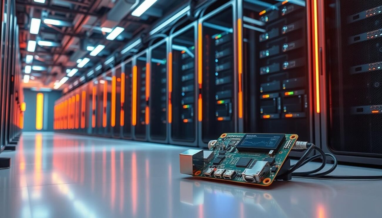 A futuristic, high-tech server room with rows of sleek, modern storage devices. Warm, ambient lighting casts a soft glow, highlighting the intricate cabling and advanced cooling systems. In the foreground, a Raspberry Pi device sits prominently, its display showing a visual representation of optimized performance and storage management. The overall atmosphere conveys a sense of efficiency, innovation, and technological prowess, perfectly complementing the article's subject matter.