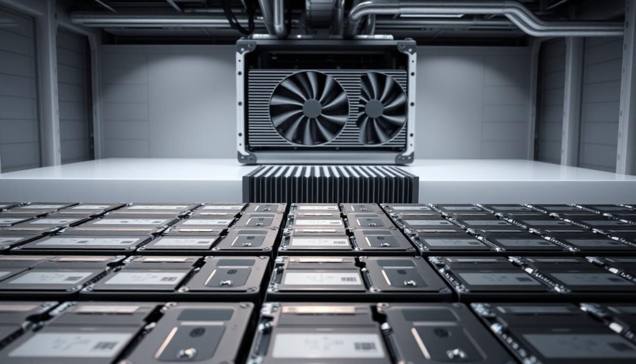 A high-performance storage array with sleek, modern design. In the foreground, an array of solid-state drives (SSDs) arranged in a grid pattern, their smooth metallic casings gleaming under precise studio lighting. In the middle ground, a sophisticated cooling system with intricate heatsinks and fans, ensuring optimal thermal management. The background features a minimalist, industrial-inspired setting with clean lines and a neutral color palette, emphasizing the technological prowess of the storage solution. The overall atmosphere conveys a sense of reliability, efficiency, and cutting-edge technology, suitable for a section on performance optimization and stability. A high-performance storage array with sleek, modern design. In the foreground, an array of solid-state drives (SSDs) arranged in a grid pattern, their smooth metallic casings gleaming under precise studio lighting. In the middle ground, a sophisticated cooling system with intricate heatsinks and fans, ensuring optimal thermal management. The background features a minimalist, industrial-inspired setting with clean lines and a neutral color palette, emphasizing the technological prowess of the storage solution. The overall atmosphere conveys a sense of reliability, efficiency, and cutting-edge technology, suitable for a section on performance optimization and stability.