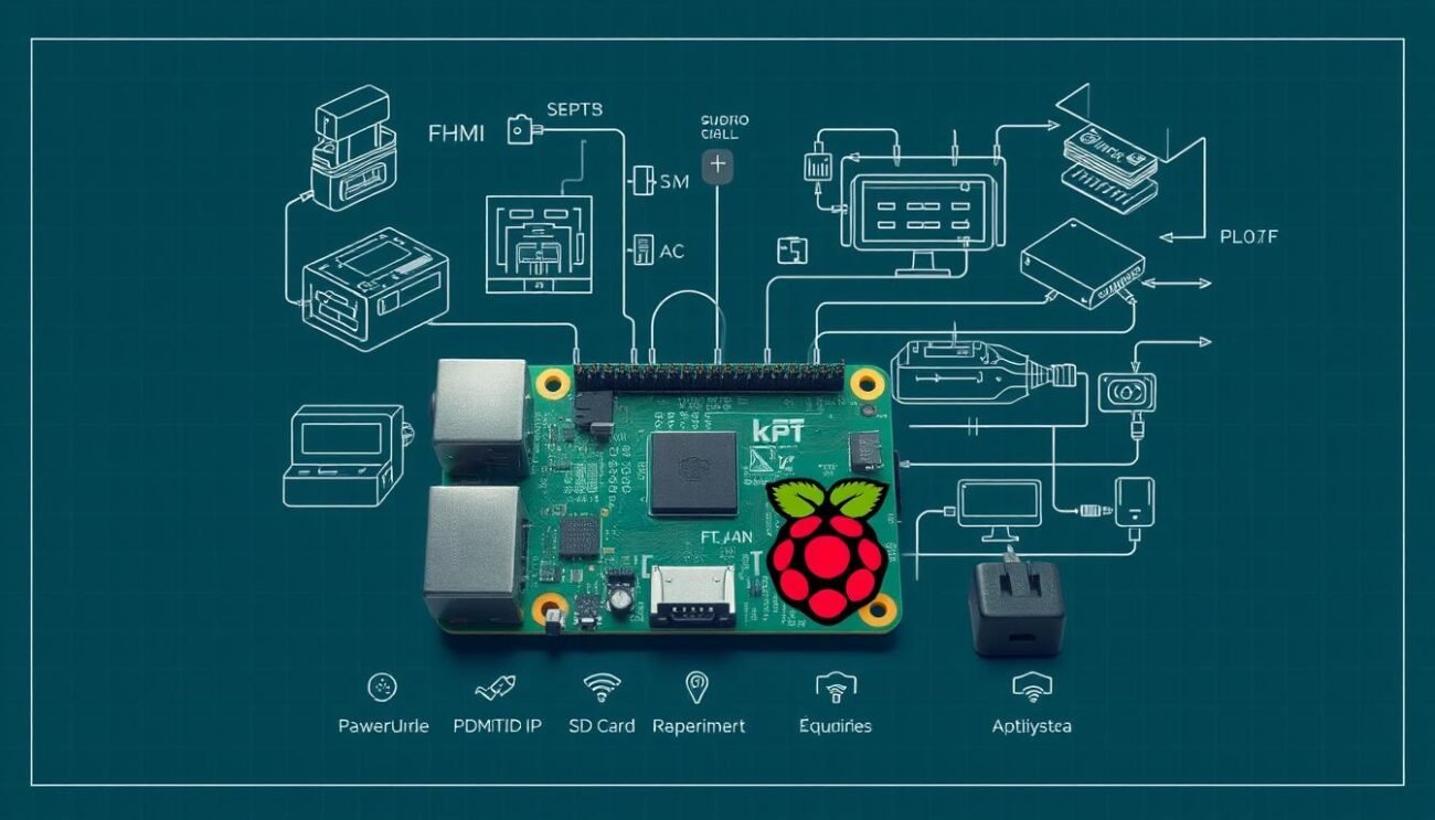 A highly detailed, well-lit, and technically accurate blueprint-style illustration showcasing the essential hardware and software requirements for setting up Flix IPTV on a Raspberry Pi. The image should prominently feature a Raspberry Pi 4 model B device, along with a list of essential accessories like a power adapter, HDMI cable, SD card, and a wireless network adapter. In the background, there should be technical diagrams or schematics outlining the system architecture and connectivity. The overall composition should convey a sense of precision, organization, and technical proficiency to support the "Requisitos e preparação do sistema" section of the article.