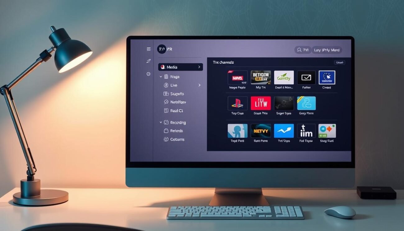 A modern and minimalist desktop computer screen displaying the PVR Channels Media interface. The screen is placed on a clean, white desk with a tasteful desk lamp providing warm, directional lighting. The interface shows a clean, intuitive layout with clear icons and menus for navigating live TV channels, recordings, and media management. The overall atmosphere is one of efficiency, organization, and user-friendliness, reflecting the ease of setting up Lazy IPTV on a Raspberry Pi using the PVR IPTV Simple Client.