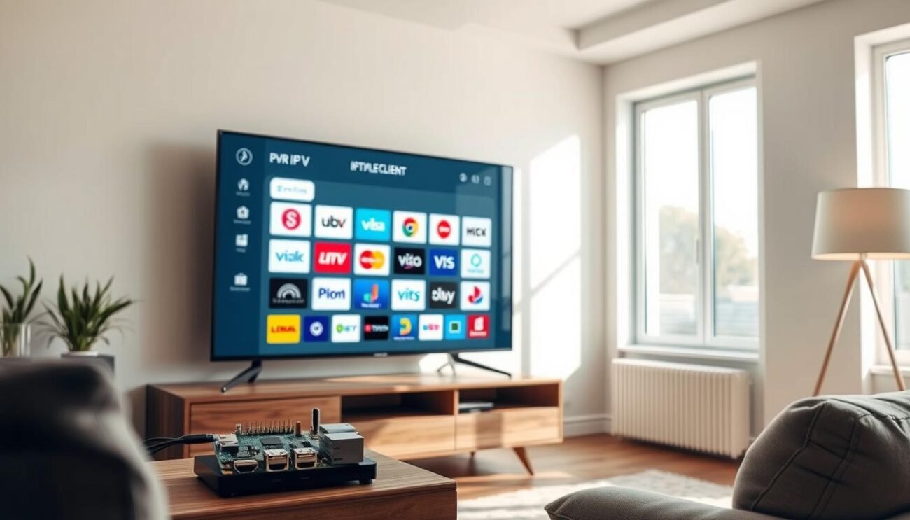 A modern living room with a Raspberry Pi device connected to a flat-screen TV, displaying the PVR IPTV Simple Client interface. The screen shows a grid of various TV channel logos, with a clean and intuitive user interface. The room is well-lit, with natural light streaming in through large windows, creating a warm and inviting atmosphere. The Raspberry Pi is placed on a minimalist, wooden entertainment center, blending seamlessly with the room's decor. The overall scene conveys a sense of simplicity, functionality, and the ability to enjoy a wide range of IPTV content on a Raspberry Pi-powered home entertainment system.