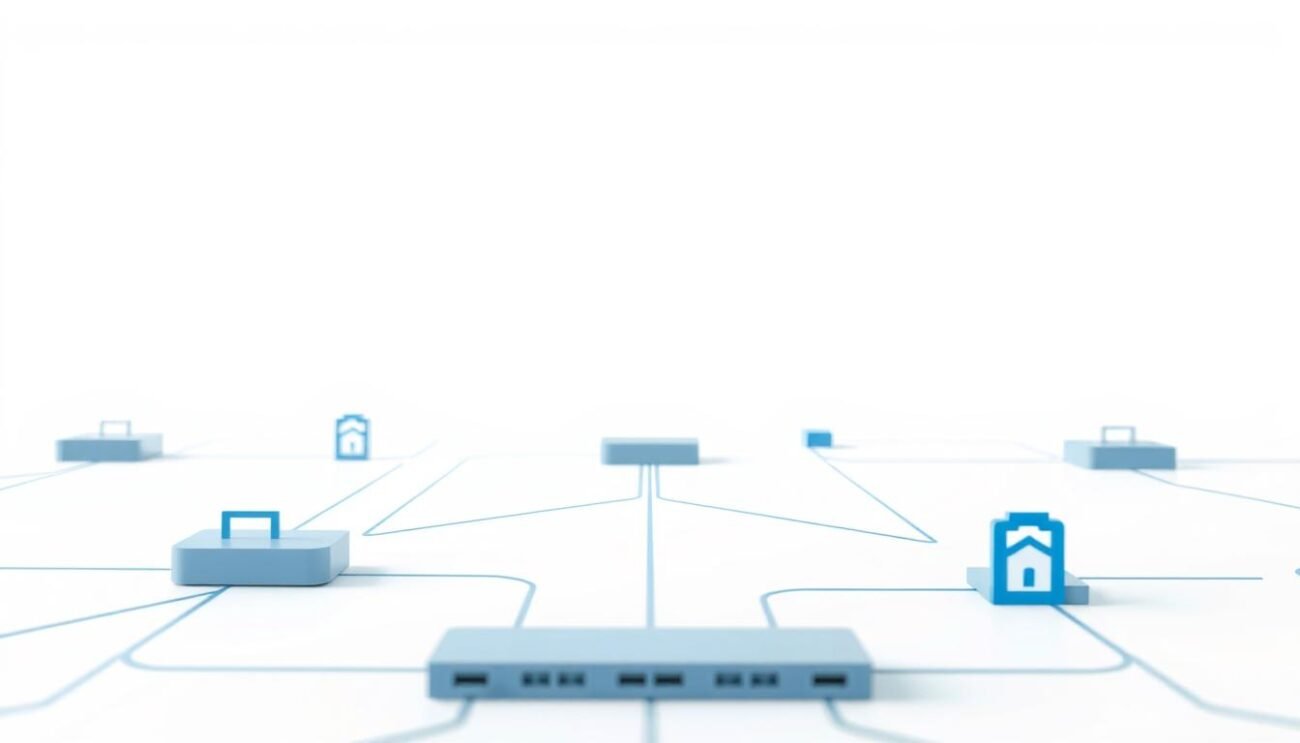 A modern, minimalist network diagram set against a clean, bright background. In the foreground, sleek icons and shapes representing network nodes, switches, and connections in shades of blue, gray, and white. In the middle ground, a simplified grid of intersecting lines illustrating data flow and connectivity. The background has a subtle, textured pattern evoking a circuit board or digital landscape. The overall composition is balanced, with a sense of depth and technical sophistication, reflecting the setup and configuration of a functional network system.
