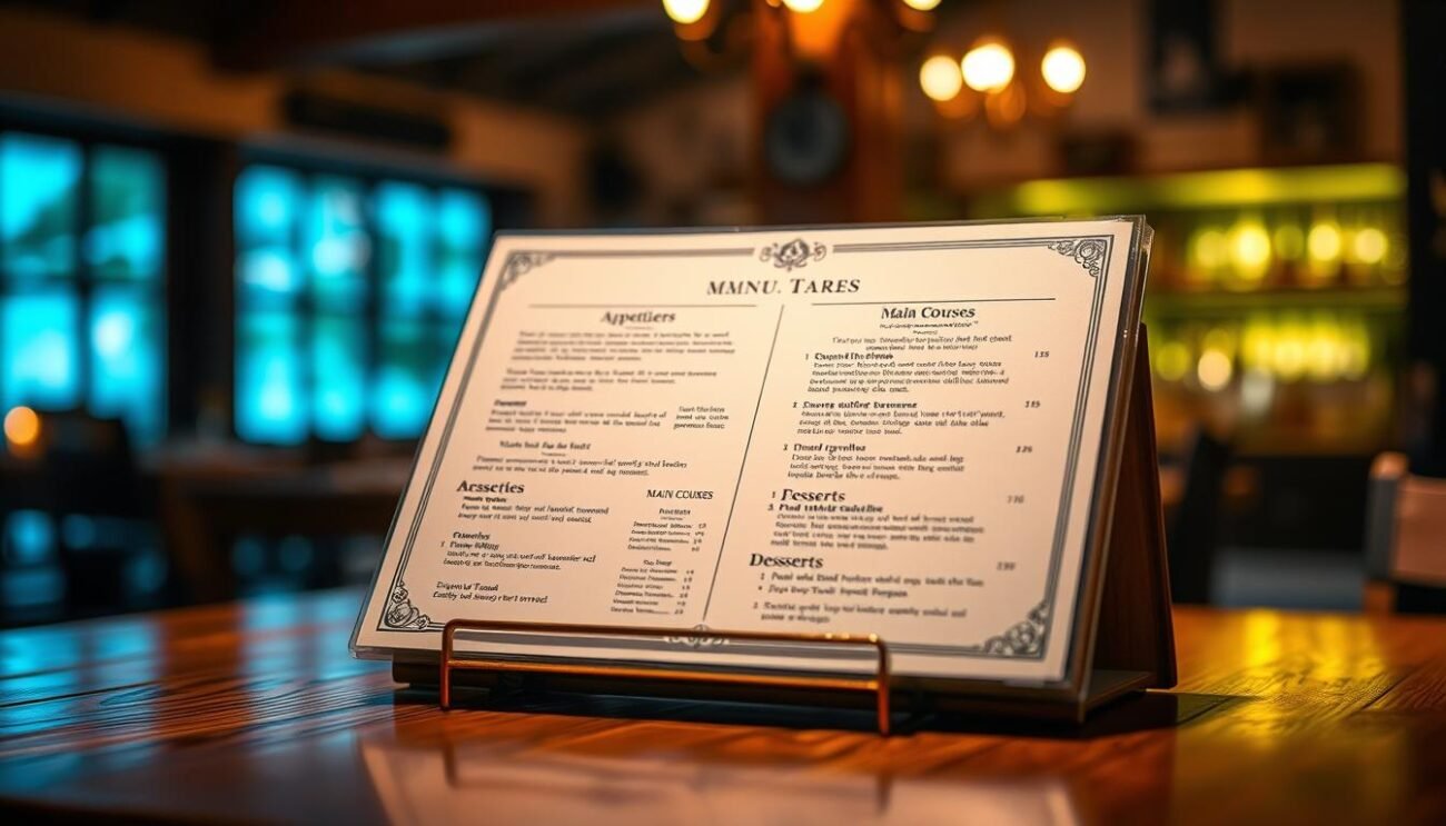 A neatly arranged menu displayed on a wooden table, illuminated by warm, soft lighting. The menu features a clean, minimalist design with clear sections for appetizers, main courses, and desserts. The background is blurred, creating a cozy, intimate atmosphere, inviting the viewer to imagine themselves in a charming, rustic restaurant setting. The overall composition conveys a sense of simplicity, elegance, and culinary delight, perfectly complementing the "Kodi/LibreELEC: IPTV a funcionar em minutos" section of the article.