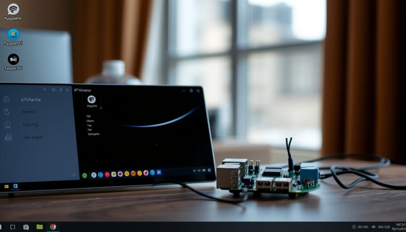 A neatly organized desktop with a minimalist aesthetic, showcasing the IPTVnator application integrated seamlessly into the Raspberry Pi system. The foreground features the IPTVnator user interface, with clean icons and intuitive controls. The middle ground displays the Raspberry Pi device, its LED lights softly glowing, blending harmoniously with the desktop environment. The background introduces a subtle blur, highlighting the focus on the integrated setup. The lighting is warm and natural, creating a sense of productivity and professionalism. The overall composition conveys a well-designed, efficient, and visually appealing desktop integration.