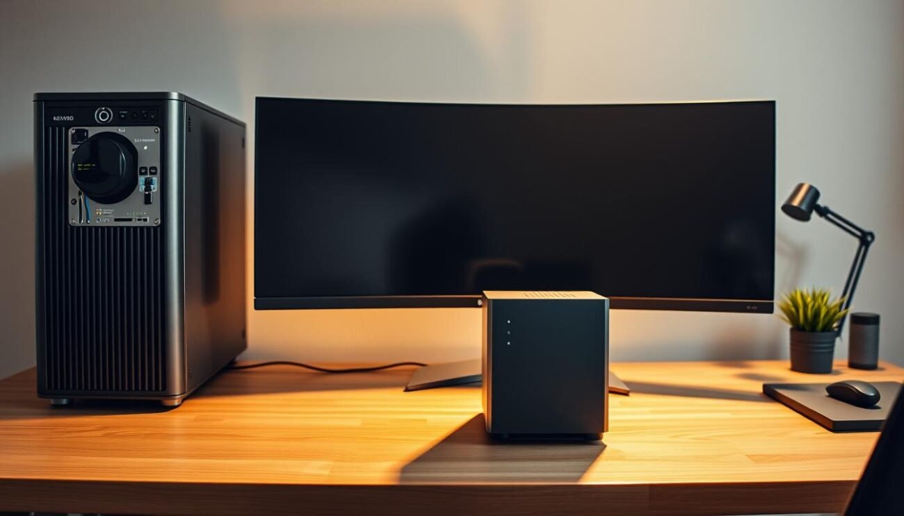A sleek and modern home office setup with a high-quality desktop computer, an ultrawide monitor, and a network storage device on a minimalist wooden desk. The lighting is warm and indirect, creating a cozy and productive atmosphere. The storage device is prominently displayed, emphasizing its importance in the setup. The camera angle is slightly elevated, capturing the scene from an eye-level perspective, highlighting the elegant and purposeful design of the hardware components. The background is a neutral, muted tone, allowing the technology to take center stage.