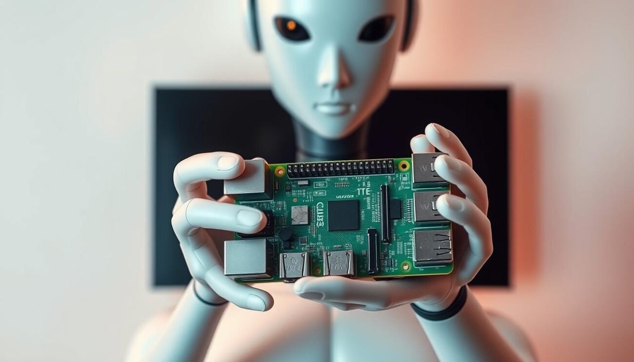 A sleek, modern android holding a Raspberry Pi board against a clean, minimalist background. The android's fingers are gently clasping the edges of the Raspberry Pi, showcasing the device. Warm, soft lighting illuminates the scene, creating a sense of focus and emphasis on the hardware. The android's expression is neutral, conveying a sense of expertise and professionalism. The overall composition is balanced, with the Raspberry Pi occupying the central focus, surrounded by negative space to allow the device to shine. The image conveys a seamless integration of cutting-edge technology, reflecting the "How to install OttPlayer on Raspberry Pi" section of the article.