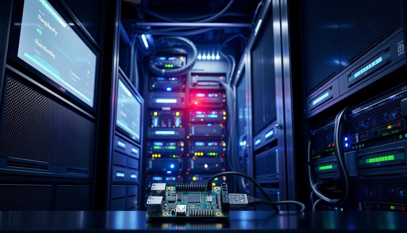 Sleek and modern data center server rack, filled with high-performance computing equipment. Bright, diffused lighting illuminates the front panel displays and intricate cabling. Emphasis on advanced cooling systems and redundant power supplies, conveying a sense of reliability and security. In the foreground, a Raspberry Pi device connected to the rack, symbolizing the optimization and integration of the small form-factor board. The overall atmosphere is professional, technical, and conveys the idea of a well-designed, efficient, and robust computing infrastructure.